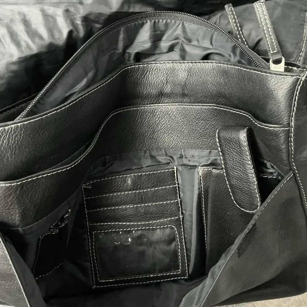 Vintage Black Pebbled Leather Messenger Bag Made in Colombia Striped Crossbody
